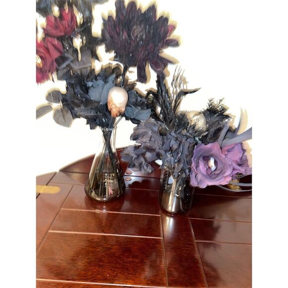 Gothic Black & Purple Rose Bouquet with Skull Accent Halloween Decor - Picture 2 of 11